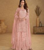 Peach embroidered net free size stitched palazzo style salwar suit