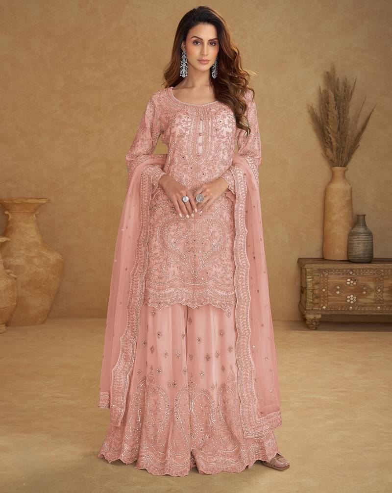 Peach embroidered net free size stitched palazzo style salwar suit