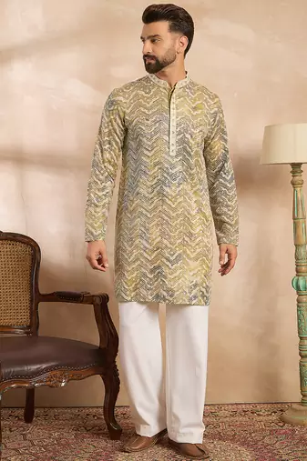 Men green silk blend solid embroidered straight kurta