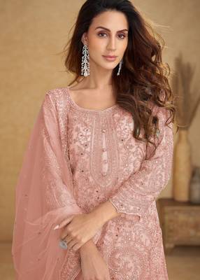 Peach embroidered net free size stitched palazzo style salwar suit 2