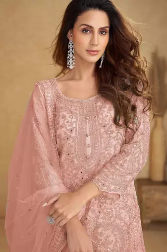 Peach embroidered net free size stitched palazzo style salwar suit