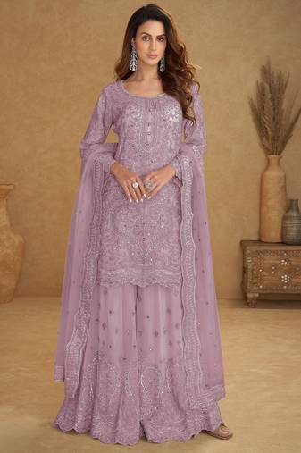 Lavender embroidered net free size stitched palazzo style salwar suit