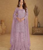 Lavender embroidered net free size stitched palazzo style salwar suit