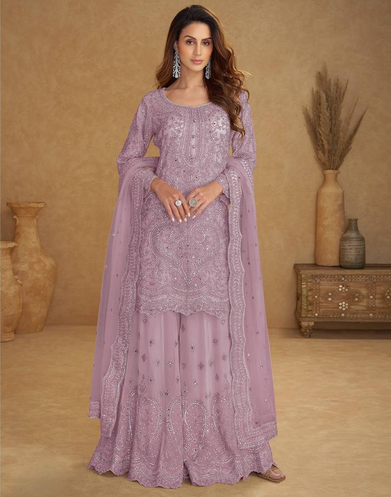 Lavender embroidered net free size stitched palazzo style salwar suit
