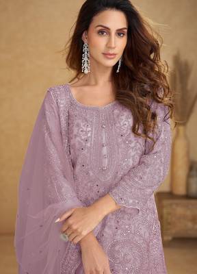 Lavender embroidered net free size stitched palazzo style salwar suit 2