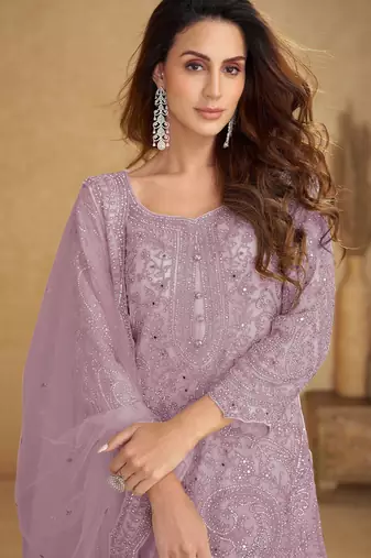 Lavender embroidered net free size stitched palazzo style salwar suit