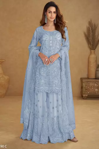 Blue embroidered net free size stitched palazzo style salwar suit