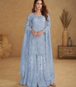 Blue embroidered net free size stitched palazzo style salwar suit