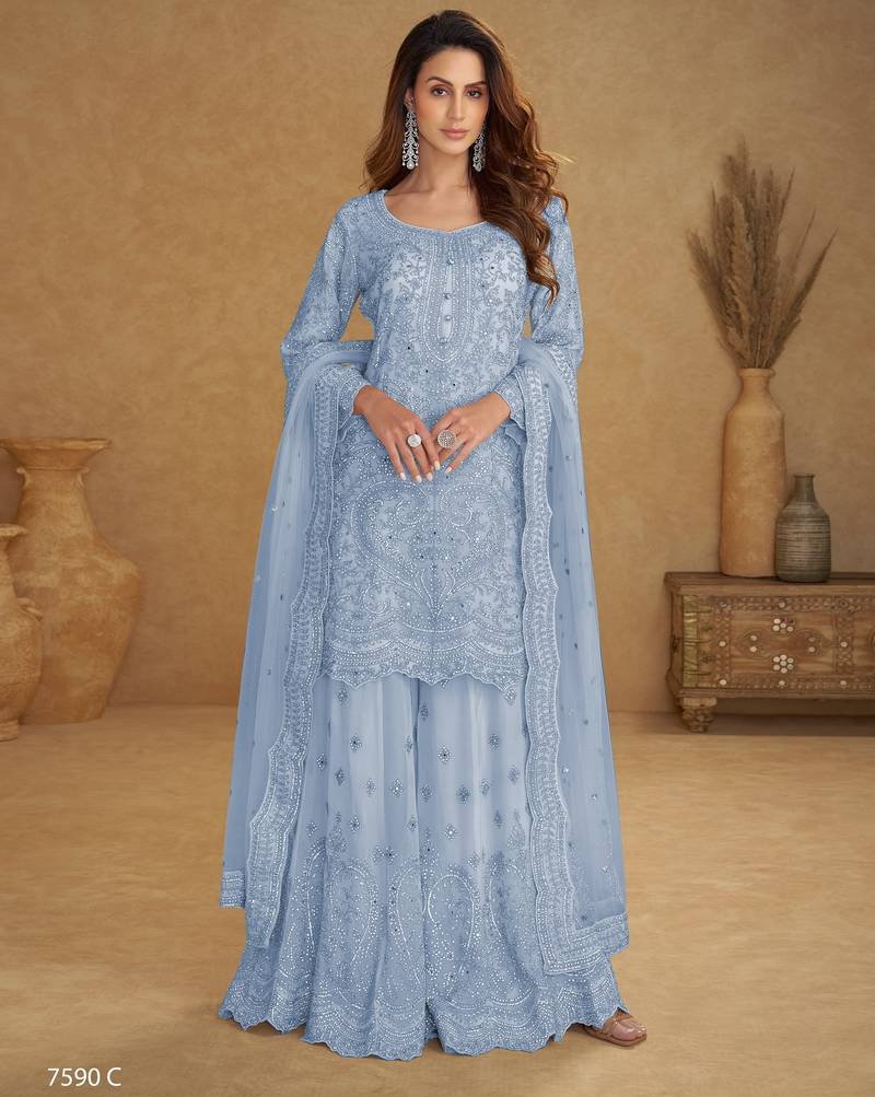 Blue embroidered net free size stitched palazzo style salwar suit