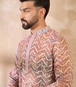 Men orange silk blend solid embroidered straight kurta