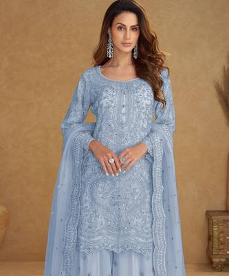 Blue embroidered net free size stitched palazzo style salwar suit 2