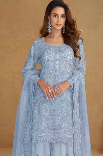 Blue embroidered net free size stitched palazzo style salwar suit
