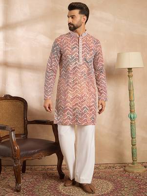 Men orange silk blend solid embroidered straight kurta 2