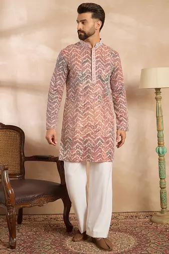 Men orange silk blend solid embroidered straight kurta