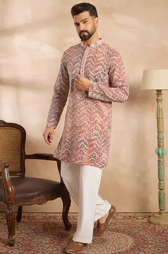 Men orange silk blend solid embroidered straight kurta