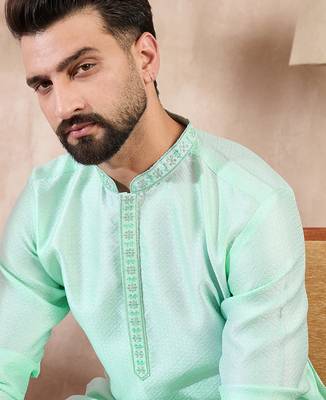 Men blue silk blend solid embroidered straight kurta 1