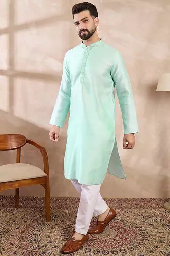 Men blue silk blend solid embroidered straight kurta