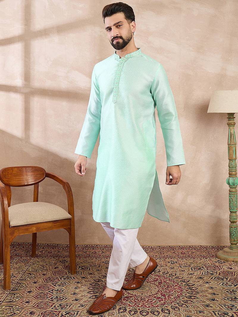 Men blue silk blend solid embroidered straight kurta