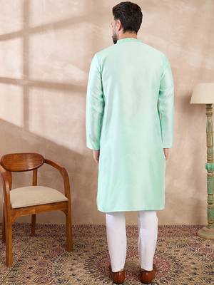 Men blue silk blend solid embroidered straight kurta 4