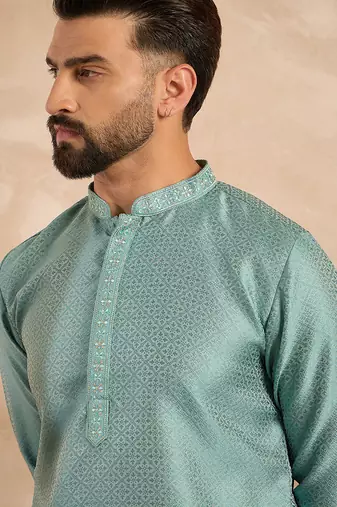 Men green polyester solid embroidered straight kurta