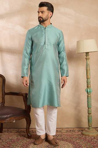 Men green polyester solid embroidered straight kurta