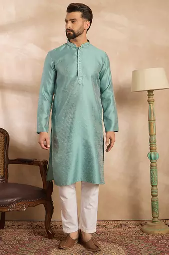 Men green polyester solid embroidered straight kurta