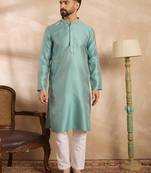 Men green polyester solid embroidered straight kurta