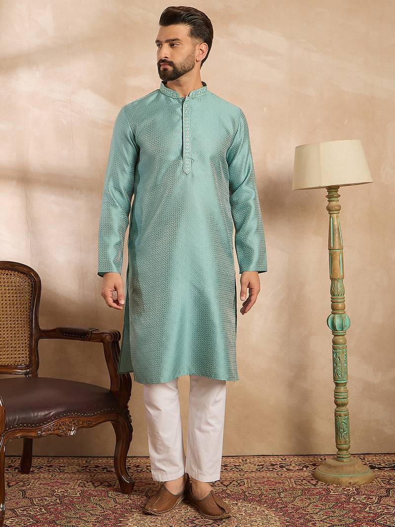 Men green polyester solid embroidered straight kurta