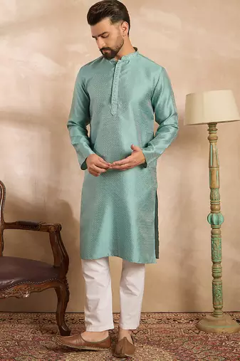 Men green polyester solid embroidered straight kurta