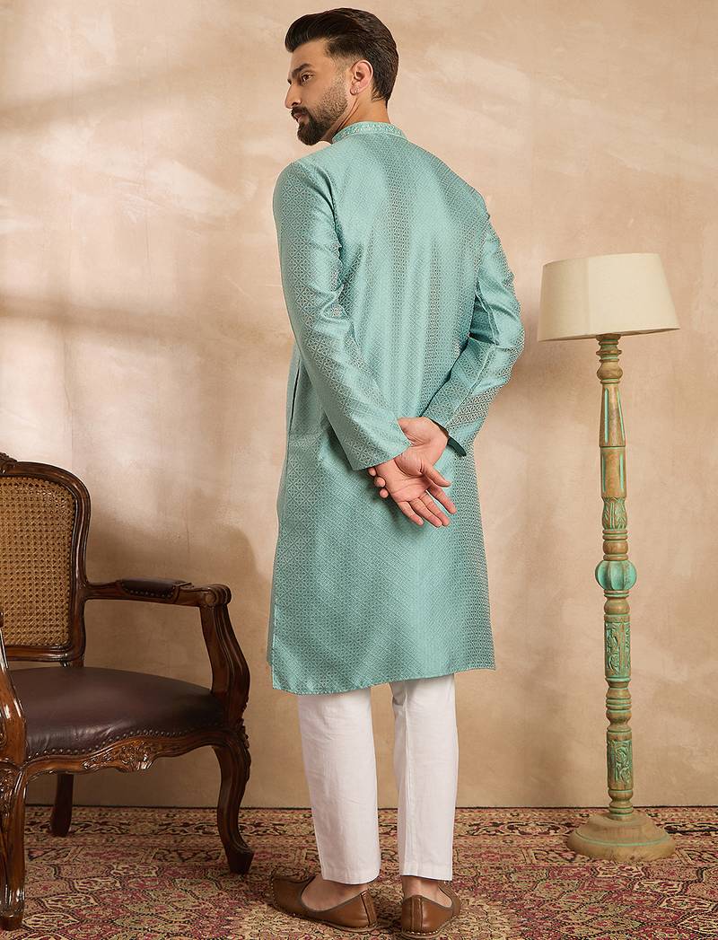 Men green polyester solid embroidered straight kurta