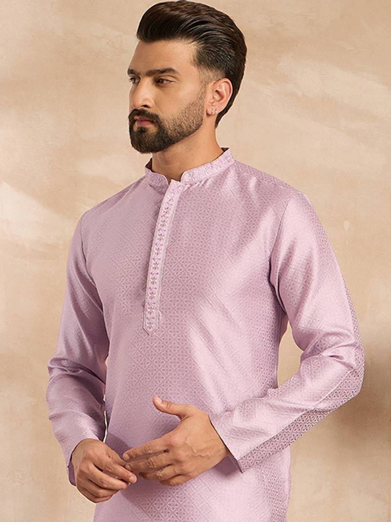 Men lavender polyester solid embroidered straight kurta