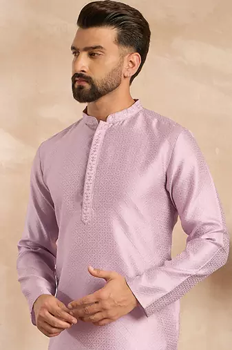 Men lavender polyester solid embroidered straight kurta