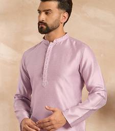 Men lavender polyester solid embroidered straight kurta
