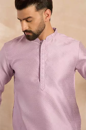 Men lavender polyester solid embroidered straight kurta