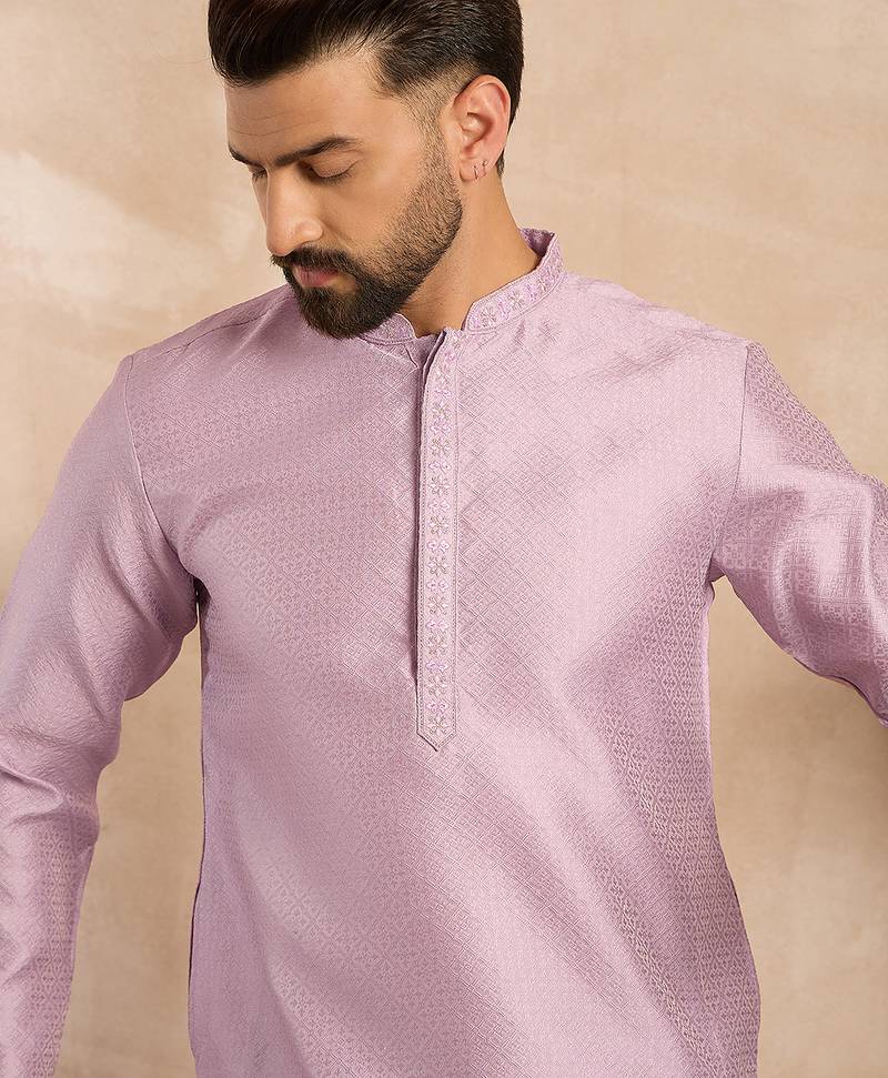 Men lavender polyester solid embroidered straight kurta