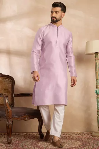 Men lavender polyester solid embroidered straight kurta