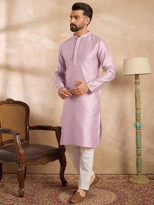 Men lavender polyester solid embroidered straight kurta 3