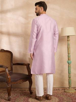 Men lavender polyester solid embroidered straight kurta 4
