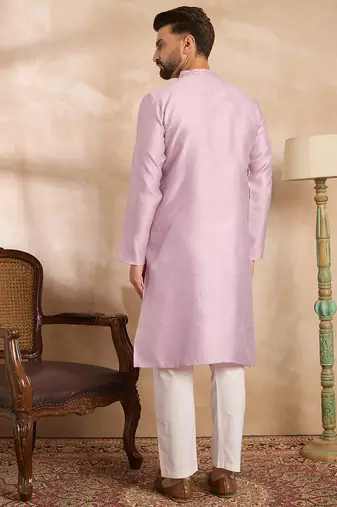 Men lavender polyester solid embroidered straight kurta