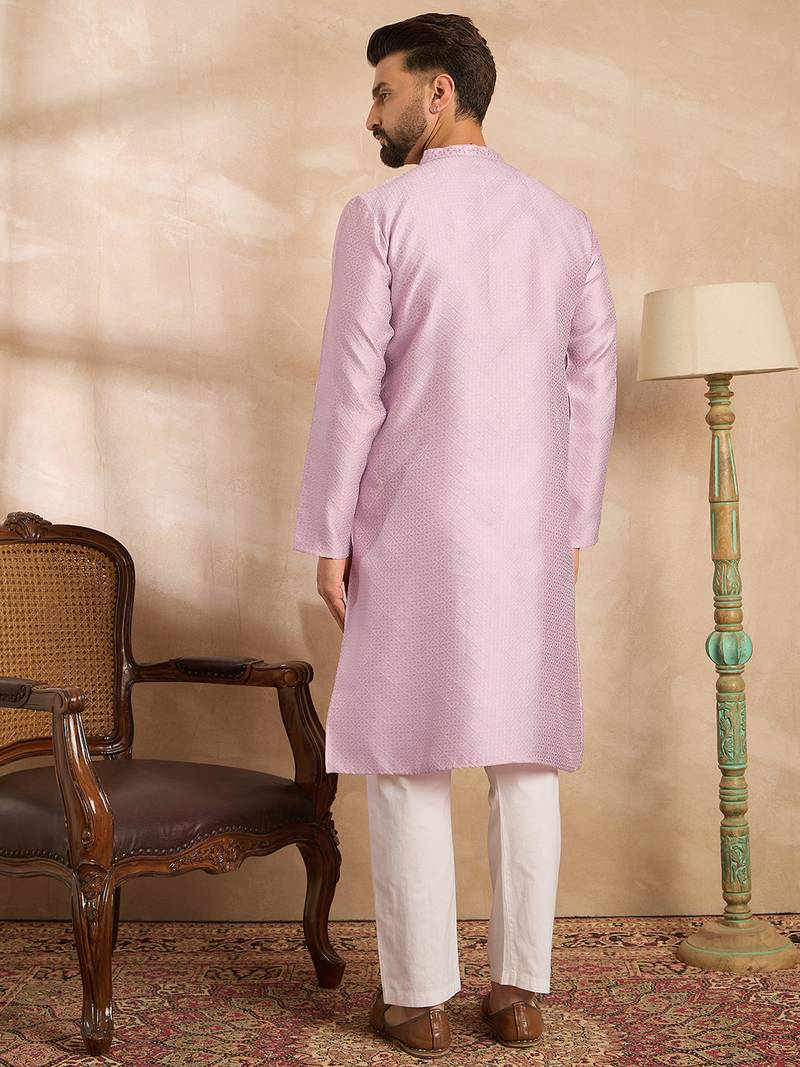 Men lavender polyester solid embroidered straight kurta