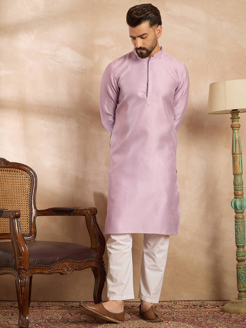 Men lavender polyester solid embroidered straight kurta