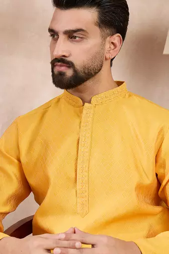 Men yellow silk blend solid embroidered straight kurta