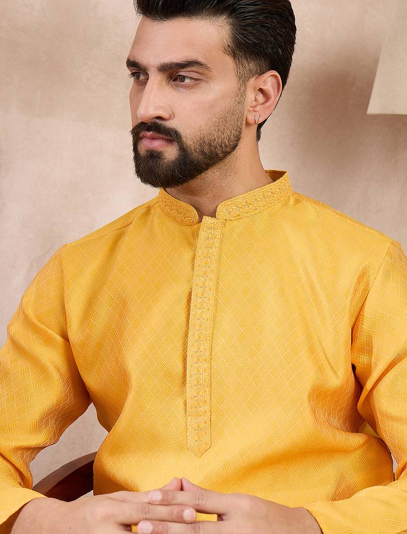 Men yellow silk blend solid embroidered straight kurta