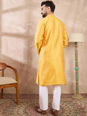 Men yellow silk blend solid embroidered straight kurta 4