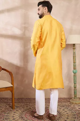 Men yellow silk blend solid embroidered straight kurta