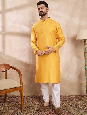 Men yellow silk blend solid embroidered straight kurta 5