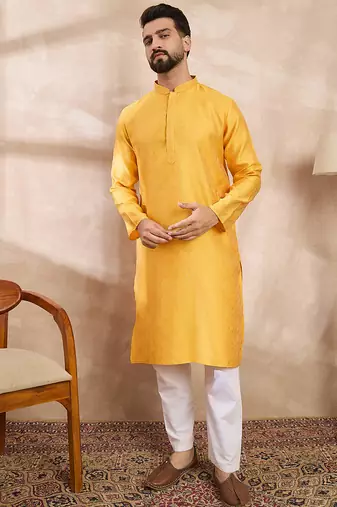 Men yellow silk blend solid embroidered straight kurta