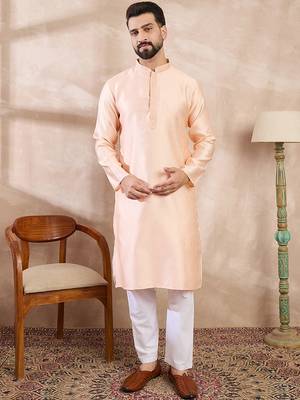 Men peach silk blend solid embroidered straight kurta 2