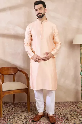 Men peach silk blend solid embroidered straight kurta