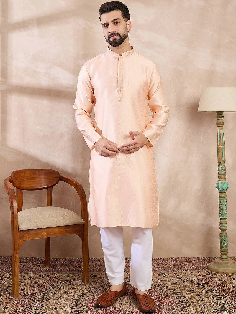Men peach silk blend solid embroidered straight kurta